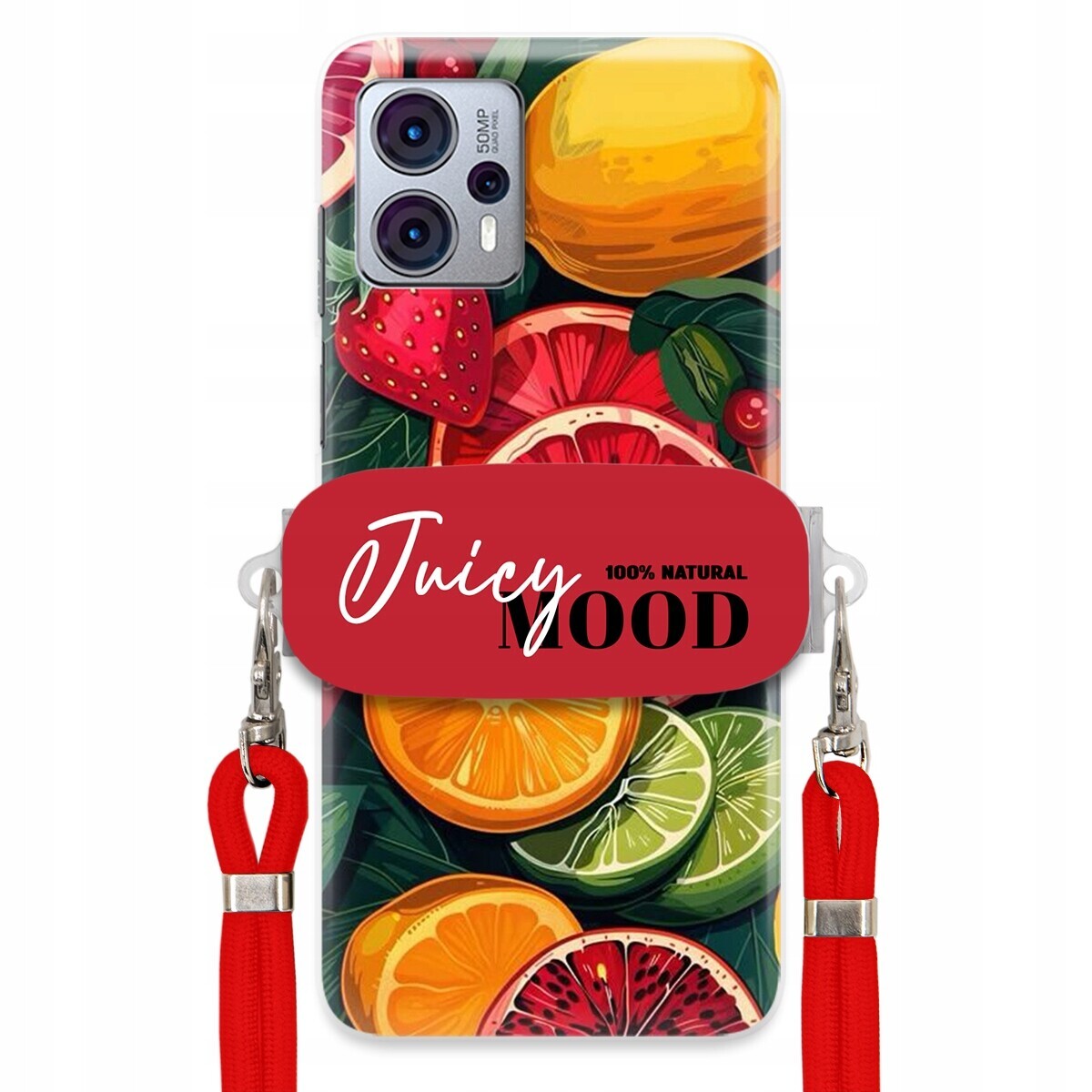 Pouzdro pro Motorola G23 Červené Crossbody vodítko Držák Juice Mood Ovoce