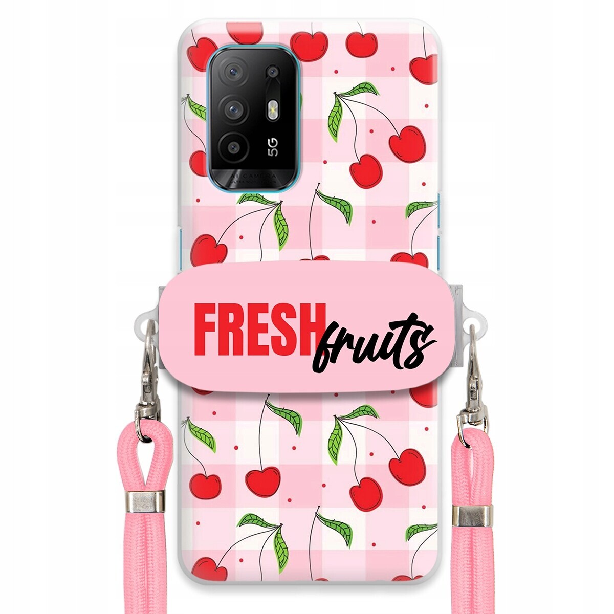 Pouzdro pro Oppo Reno 5Z Case Držák Šňůrka Růžová Fruits Mřížka Ovoce
