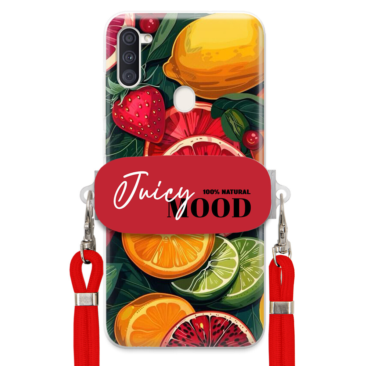 Pouzdro pro Samsung A11 Červené vodítko Crossbody+ Držák Módní Juice Mood Ovoce