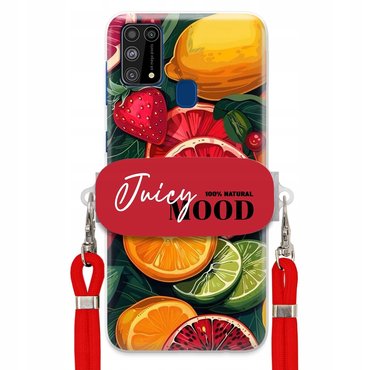 Pouzdro pro Samsung M31 Červené vodítko Crossbody+ Držák Módní Juice Mood Ovoce