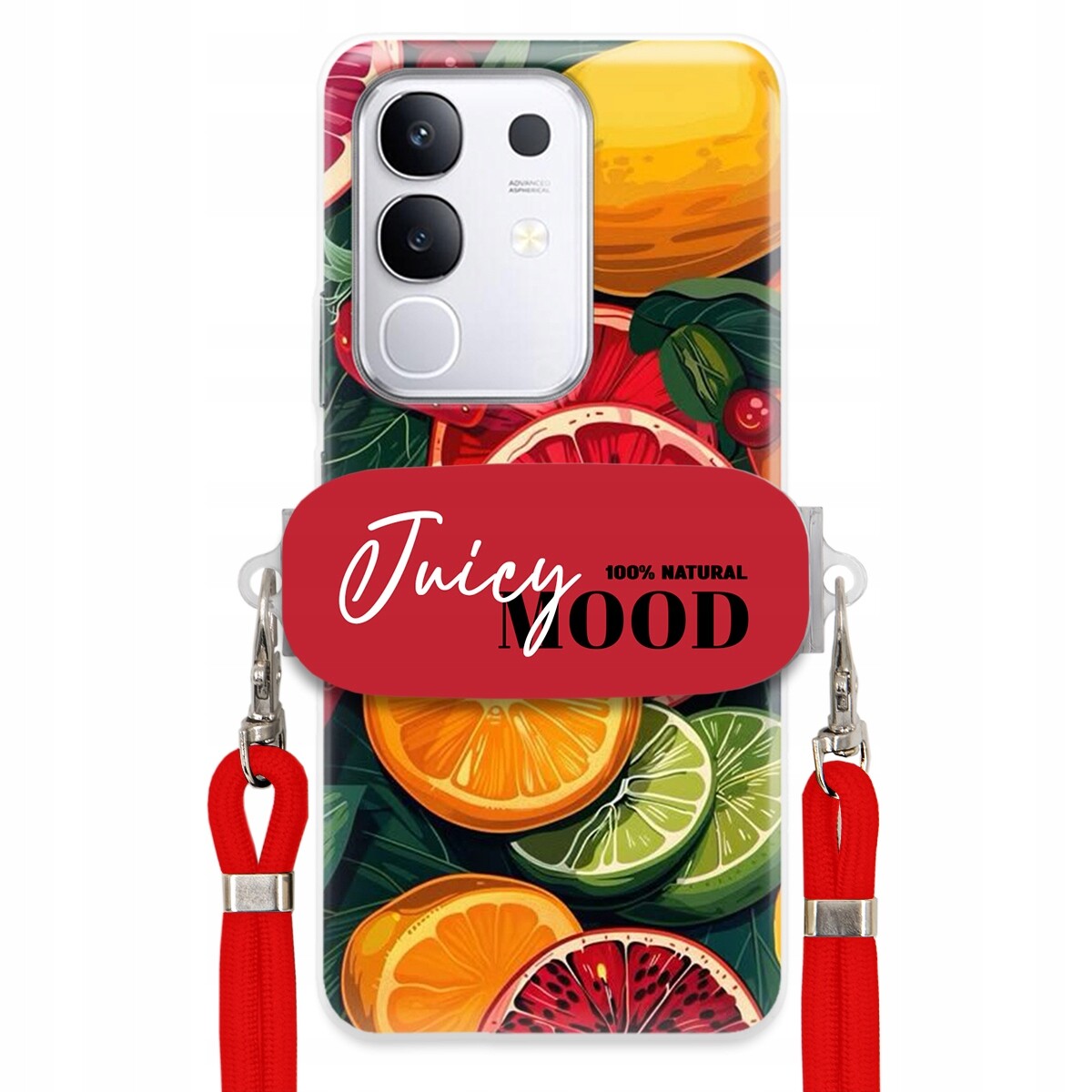 pouzdro na Vivo Y29 4G Červené vodítko Crossbody+ Držák Módní Juice Mood Ovoce