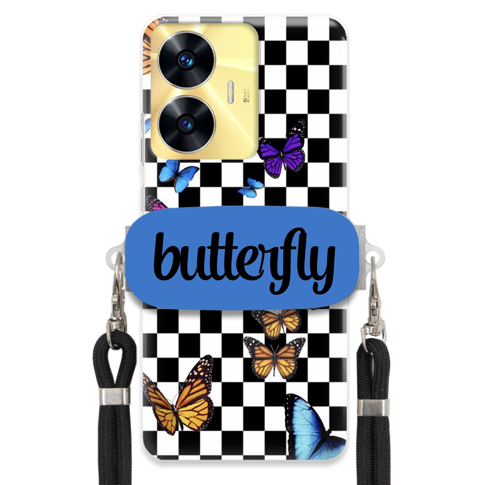 Pouzdro Pro Realme C55 Case Obdélníkový Úchyt Černé Vodítko Butterfly Motýli