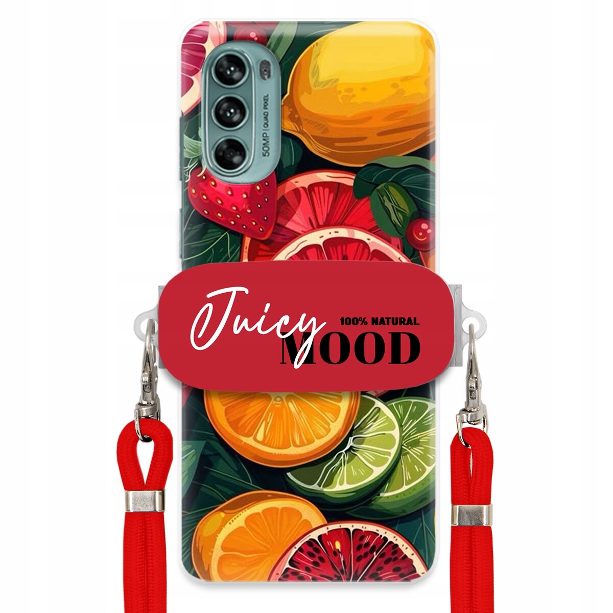 Pouzdro pro Motorola G62 5G Červené vodítko Crossbody+ Držák Juice Mood Ovoce