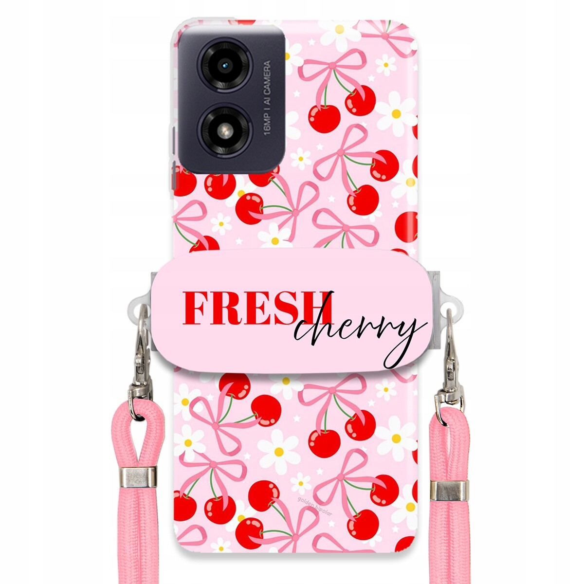 Pouzdro pro Motorola G04 Case Držák Šňůrka Růžová Fresh Cherry Kokardy