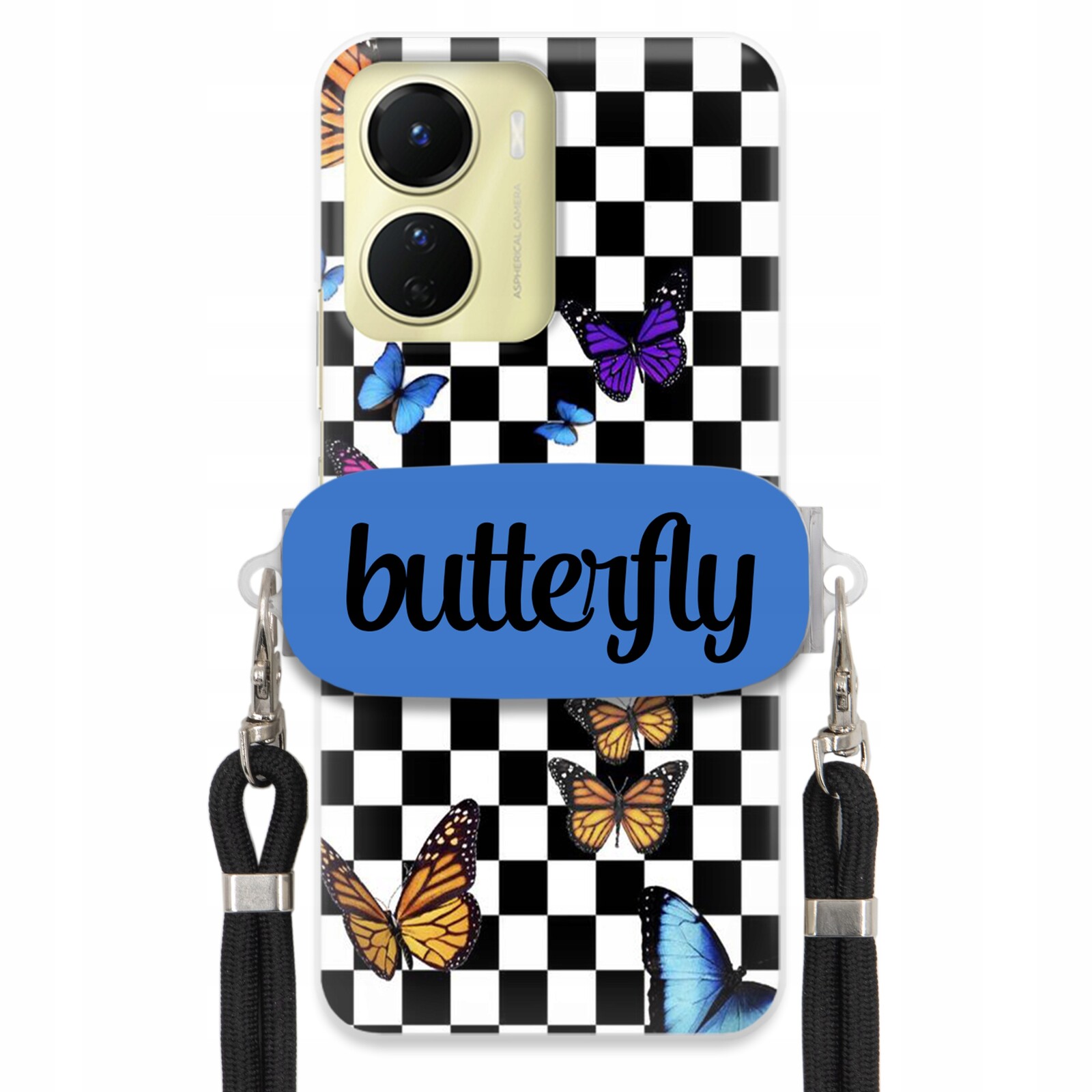 pouzdro na Vivo Y16 Case Obdélníkový Úchyt Vodítko Butterfly Motýli Šachovnice