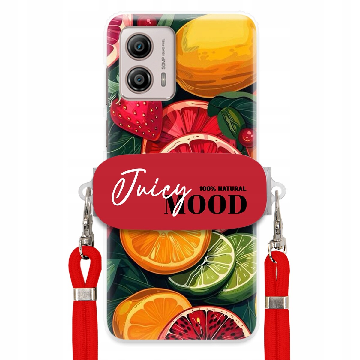 Pouzdro pro Motorola G53 Červené Crossbody vodítko Držák Juice Mood Ovoce