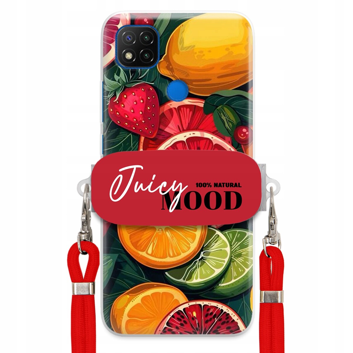 Pouzdro pro Xiaomi Redmi 9C Červené vodítko Crossbody+ Držák Juice Mood Ovoce