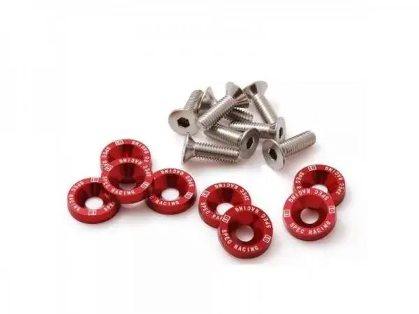 Set šroubů a podložek s logem D1 Spec - 8 kusů - M6x1.0 - barva červená