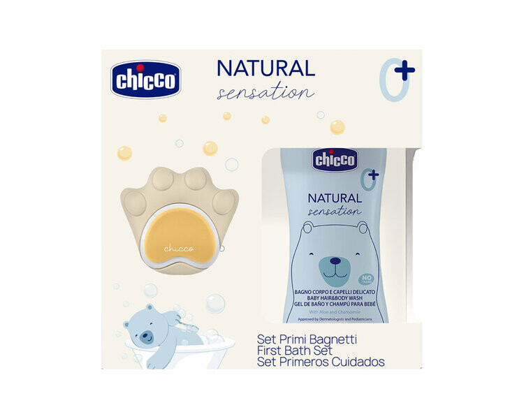 CHICCO Sada dárková kosmetiky Natural Sensation + silikonová mycí houbička tlapka