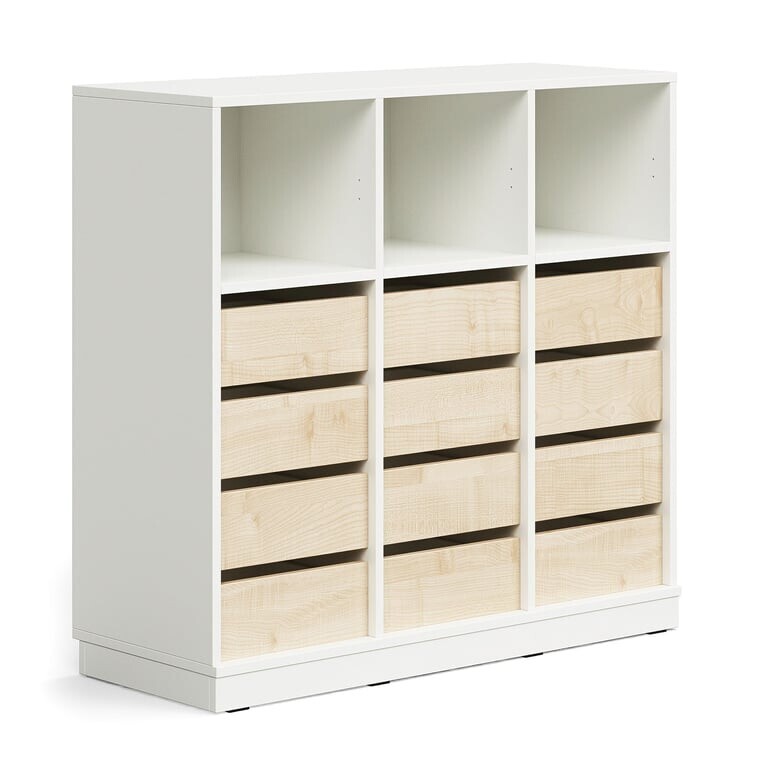 Skříňka CASPER, 12 zásuvek, 3 horní přihrádky, sokl, bílá/bříza