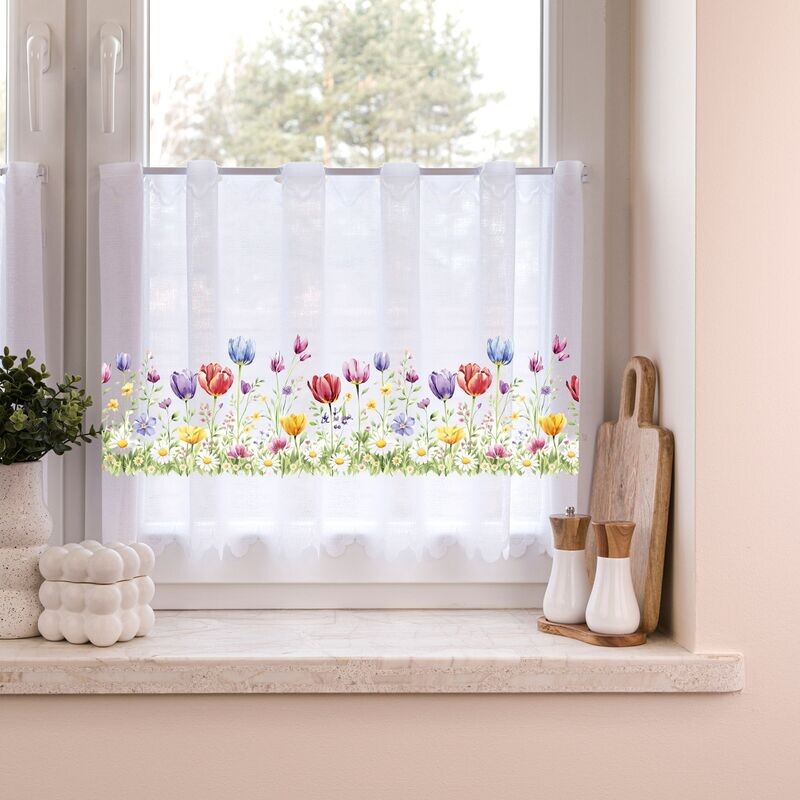Záclona žakárová, Tulipány, bílá 50 cm