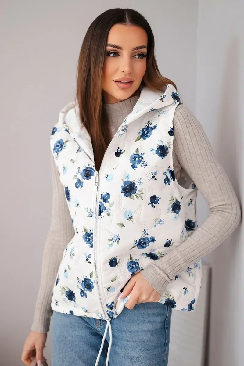 Dámská květovaná prošívaná vesta s kapucí