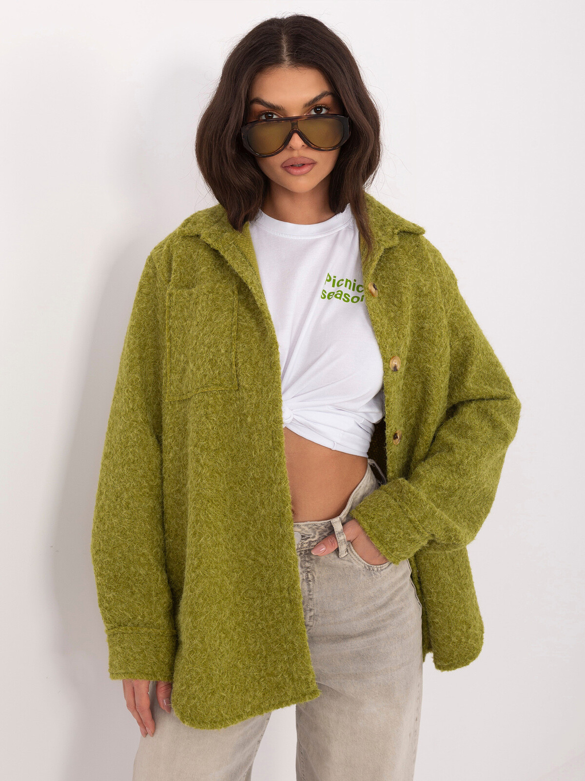 Olivová košilová bunda na knoflíky