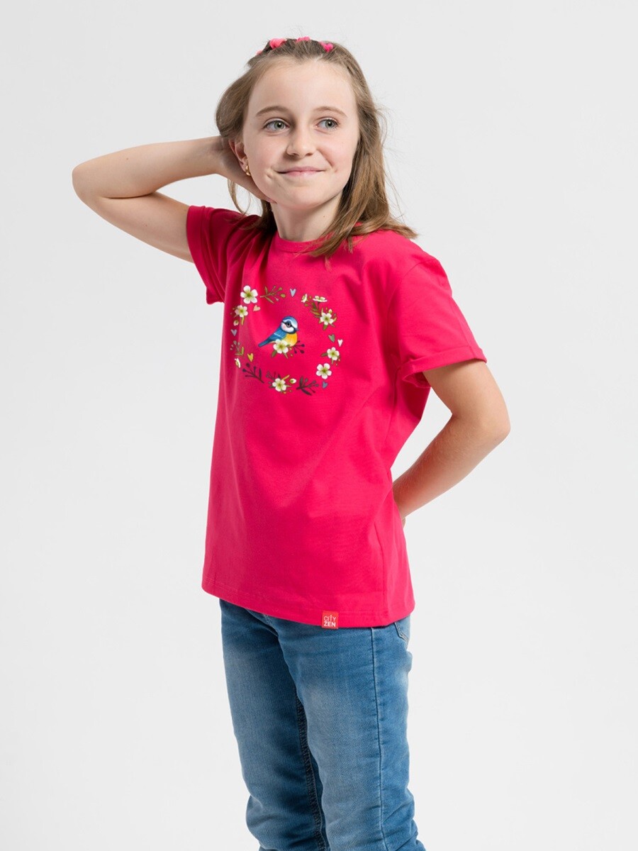 Dětské tričko cityzen dorotka s potiskem jarní sýkorka malinová 128-134