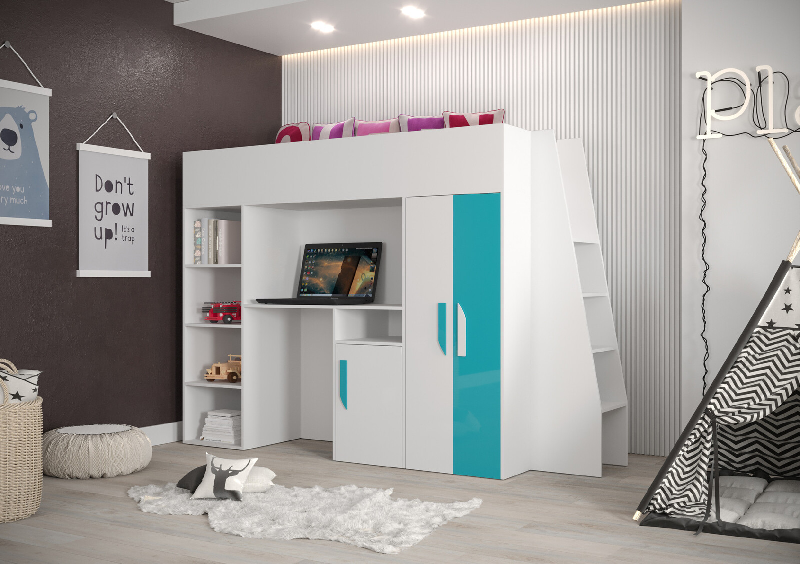 Dětský pokoj Party 15a s volbou barvy dvířek a ploch - příkré schody Barva korpusu: Bílá, Dveře: Bílé