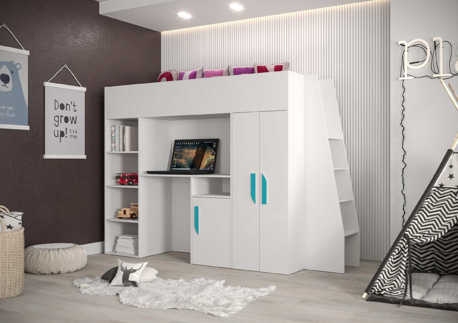 Dětský pokoj Party 15b s volbou barvy úchytů - příkré schody Barva korpusu: Bílá, Úchytky: Tyrkysové
