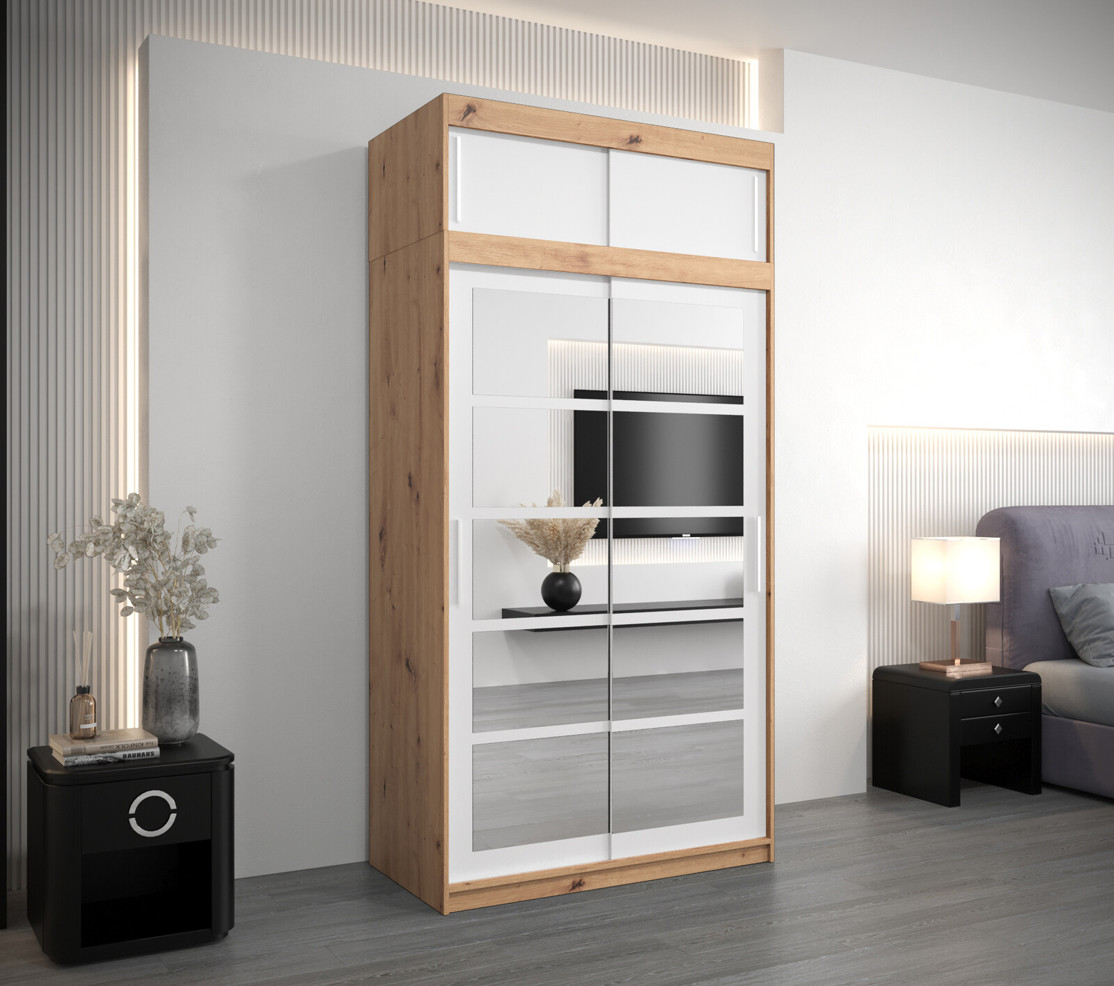 Šatní skříň Abi Ro2 s nástavcem Barva korpusu: Bílá, Rozměry: 100 cm, Dveře: Dub sonoma