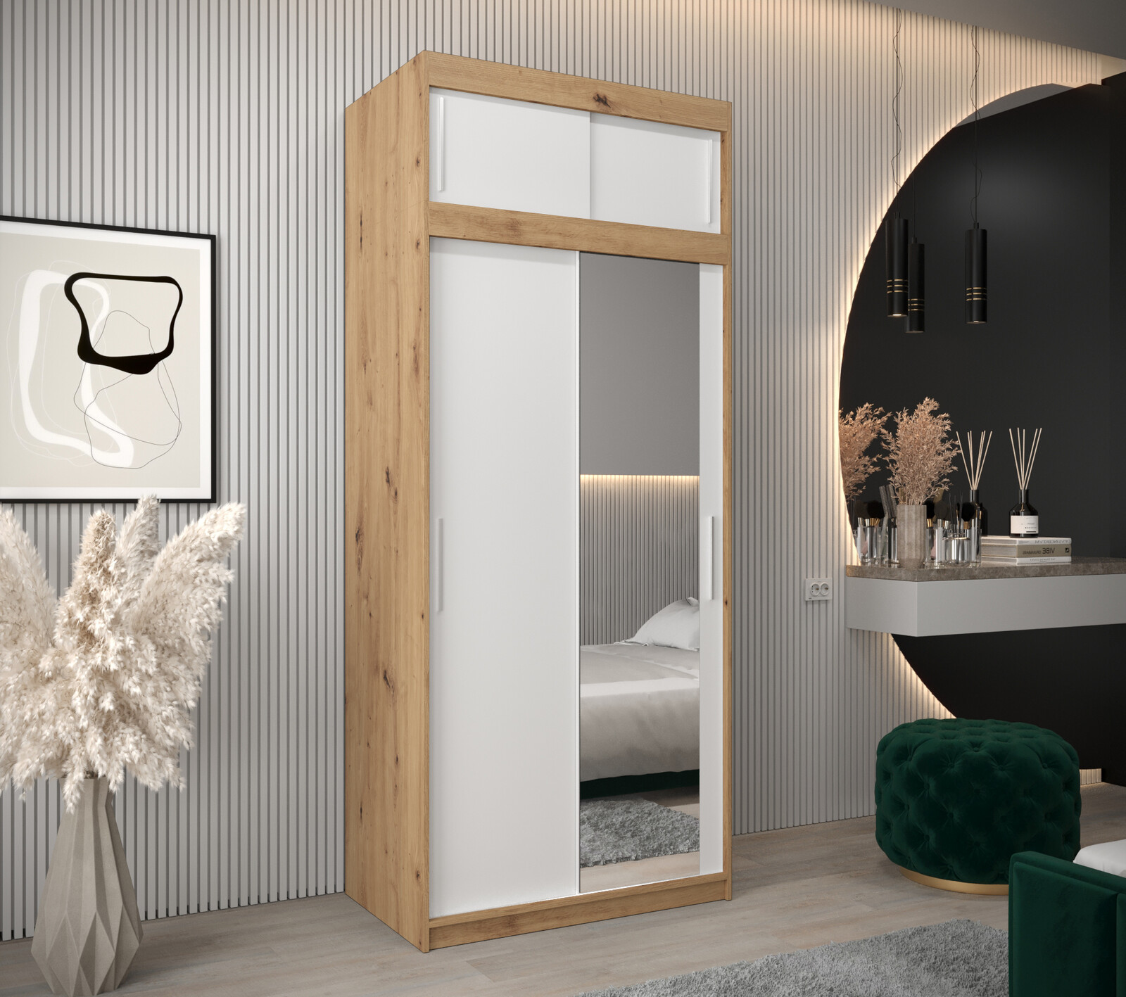 Šatní skříň Abi T2 s nástavcem Barva korpusu: Bílá, Rozměry: 100 cm, Dveře: Dub artisan