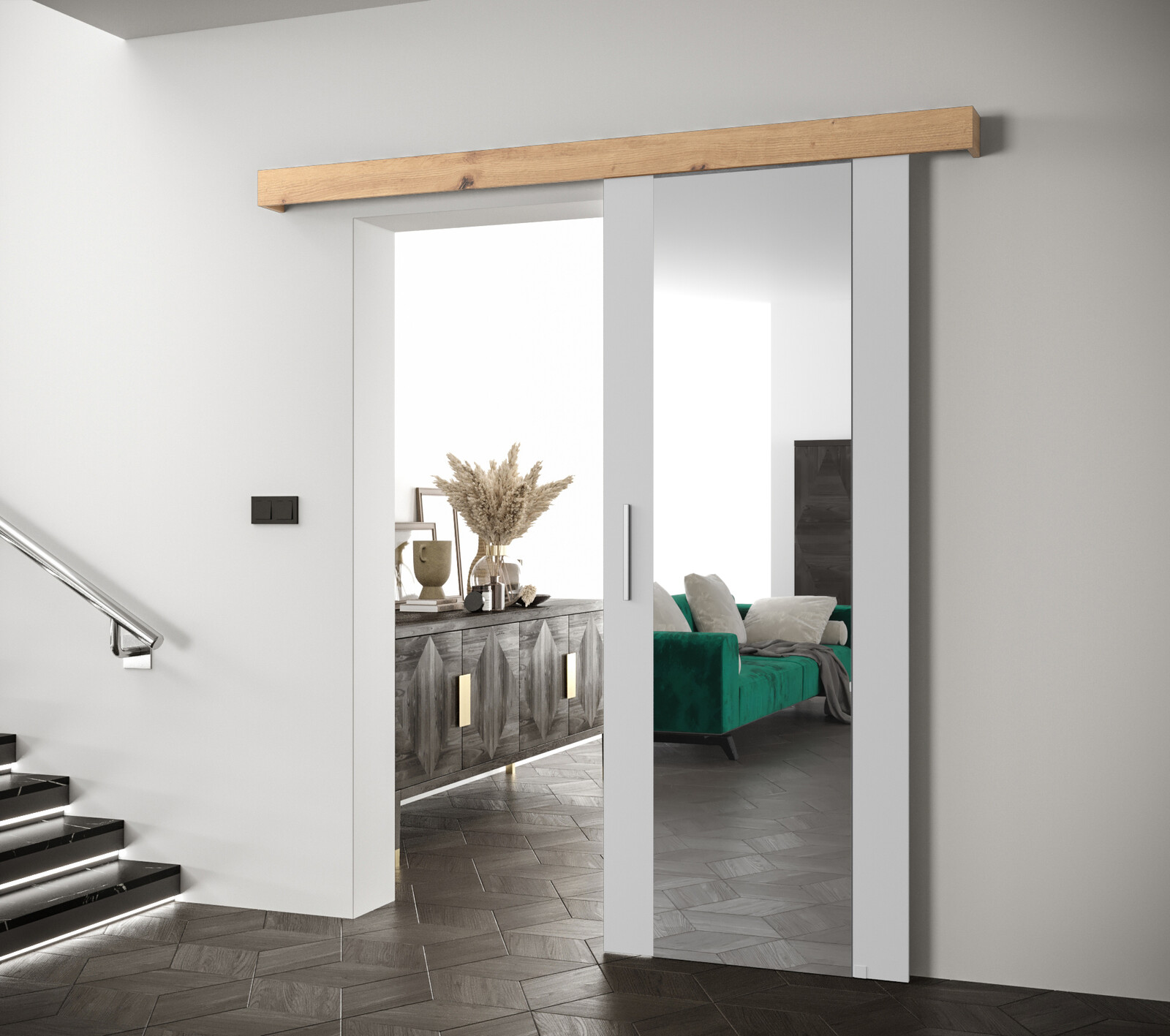 Posuvné dveře Salwador II Dveře: Bíle mat, Pásky / úchyty: Stříbrné, Horní pojezdová lišta: Dub artisan
