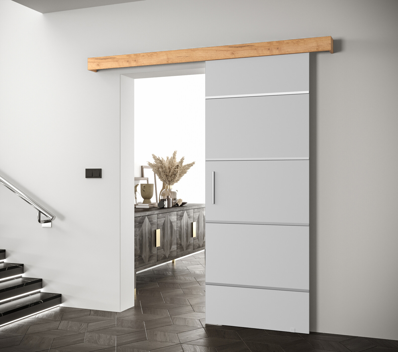 Posuvné dveře Salwador IV Dveře: Bíle mat, Pásky / úchyty: Stříbrné, Horní pojezdová lišta: Dub artisan