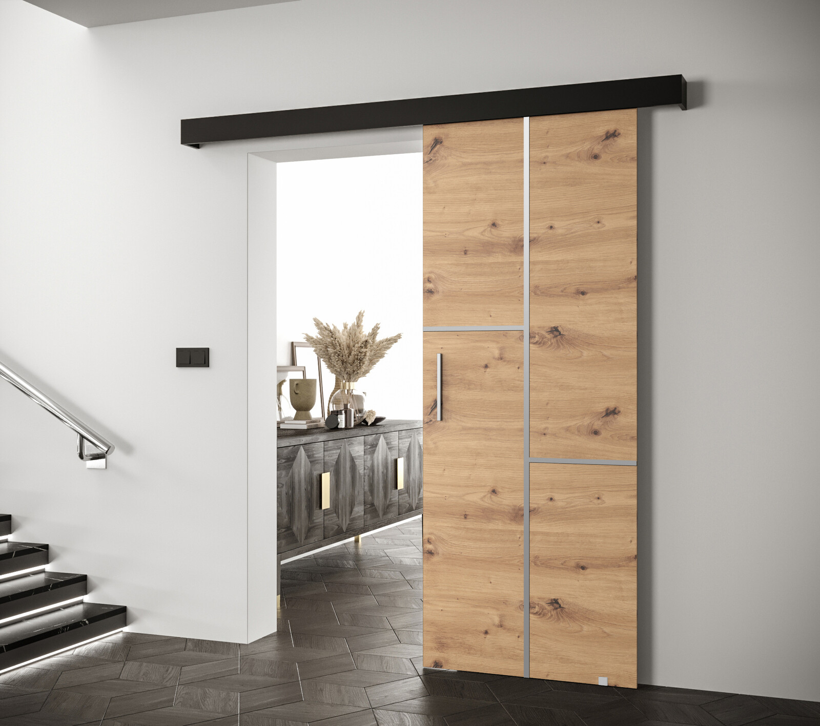 posuvné dveře Salwador VII Dveře: Dub artisan, Pásky / úchyty: Stříbrné, Horní pojezdová lišta: Dub artisan