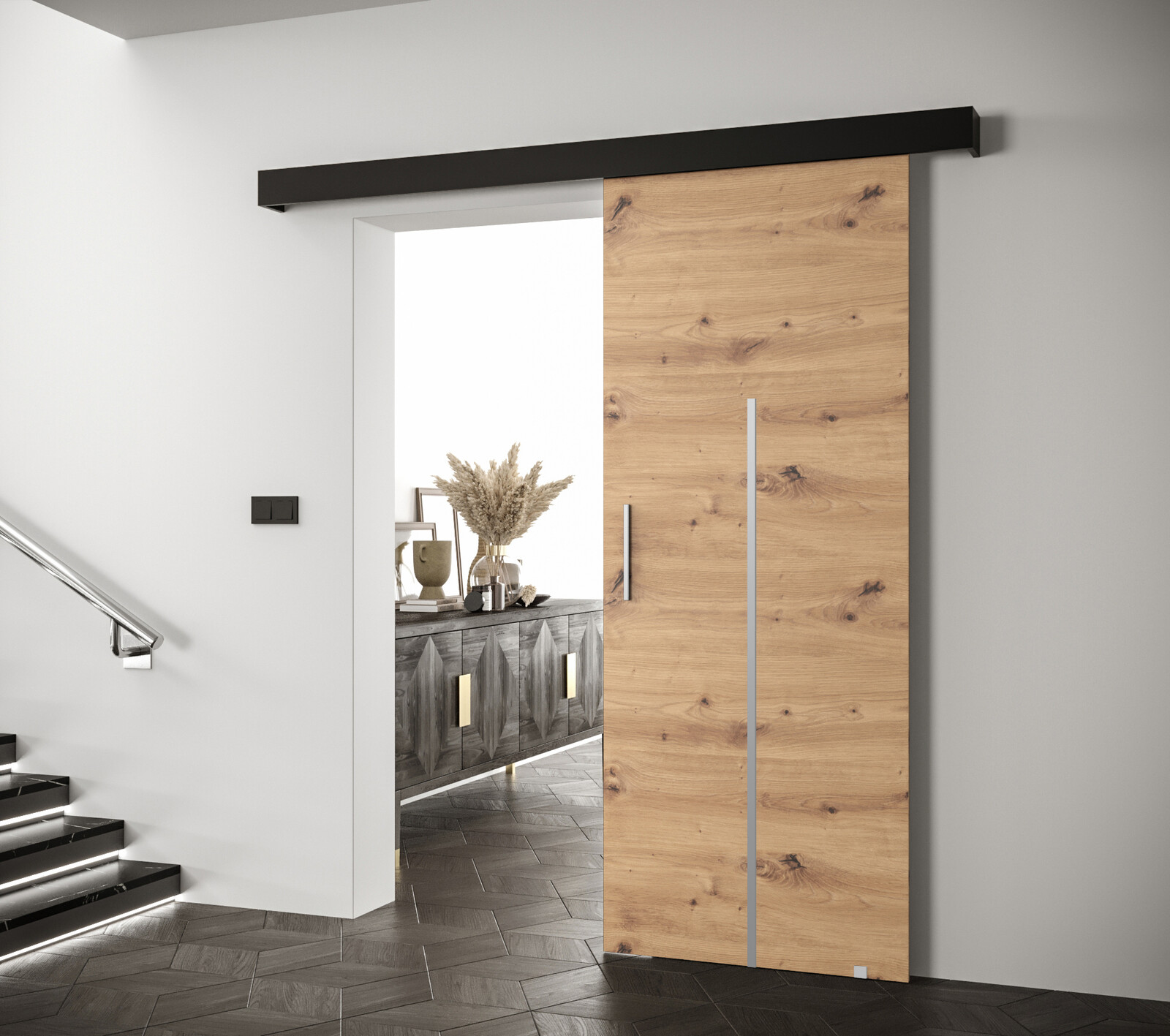 Posuvné dveře Salwador X Dveře: Dub artisan, Pásky / úchyty: Stříbrné, Horní pojezdová lišta: Dub artisan