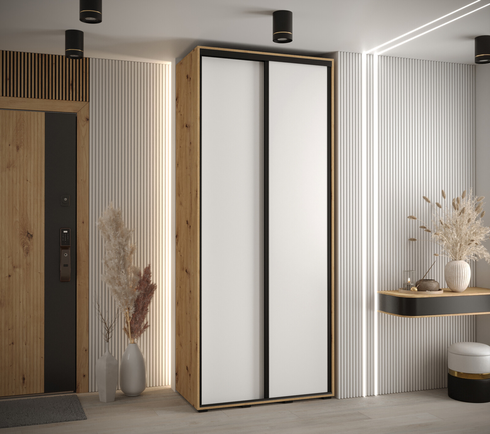 Šatní skříň Cannes 1 - hloubka 45 cm Barva korpusu: Bílá, Rozměry: 100 cm, Dveře: Černá