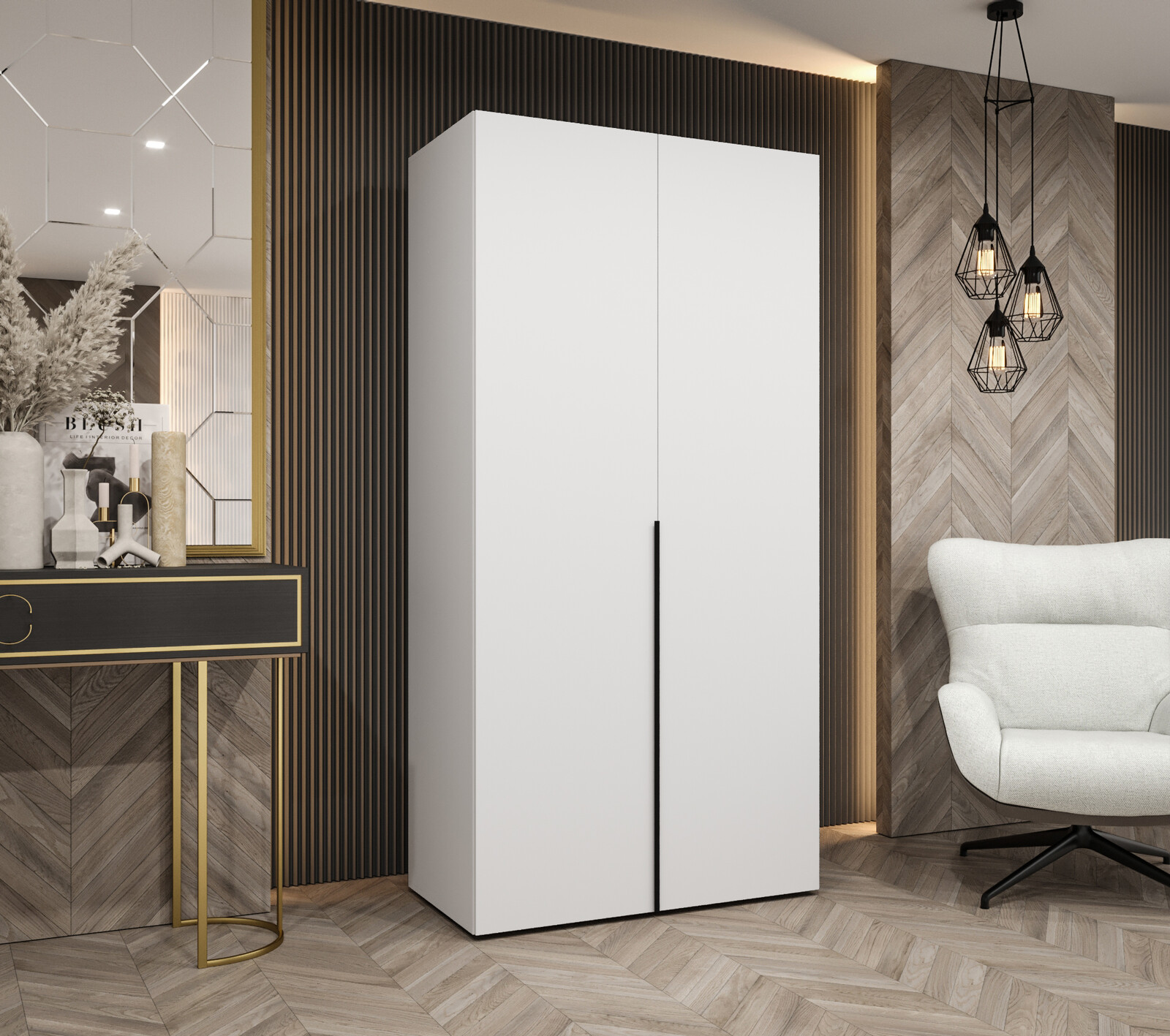 Šatní skříň Abi Alicante 1 Rozměry: 100 cm, Pásky / úchyty: Černá, Barva korpusu + barva dveří: Bílá + Bílá