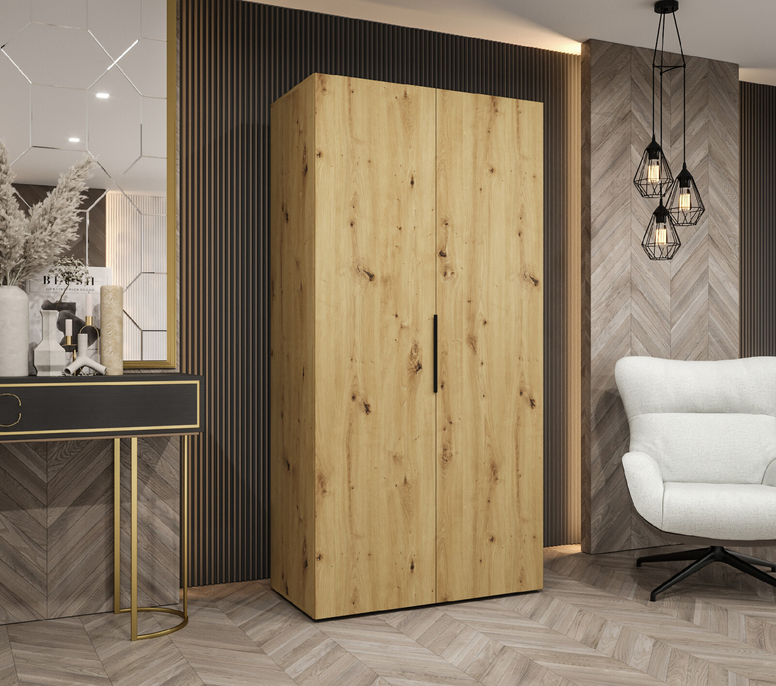 Šatní skříň Abi Marbella 1 Rozměry: 100 cm, Pásky / úchyty: Černá, Barva korpusu + barva dveří: Bílá + Bílá