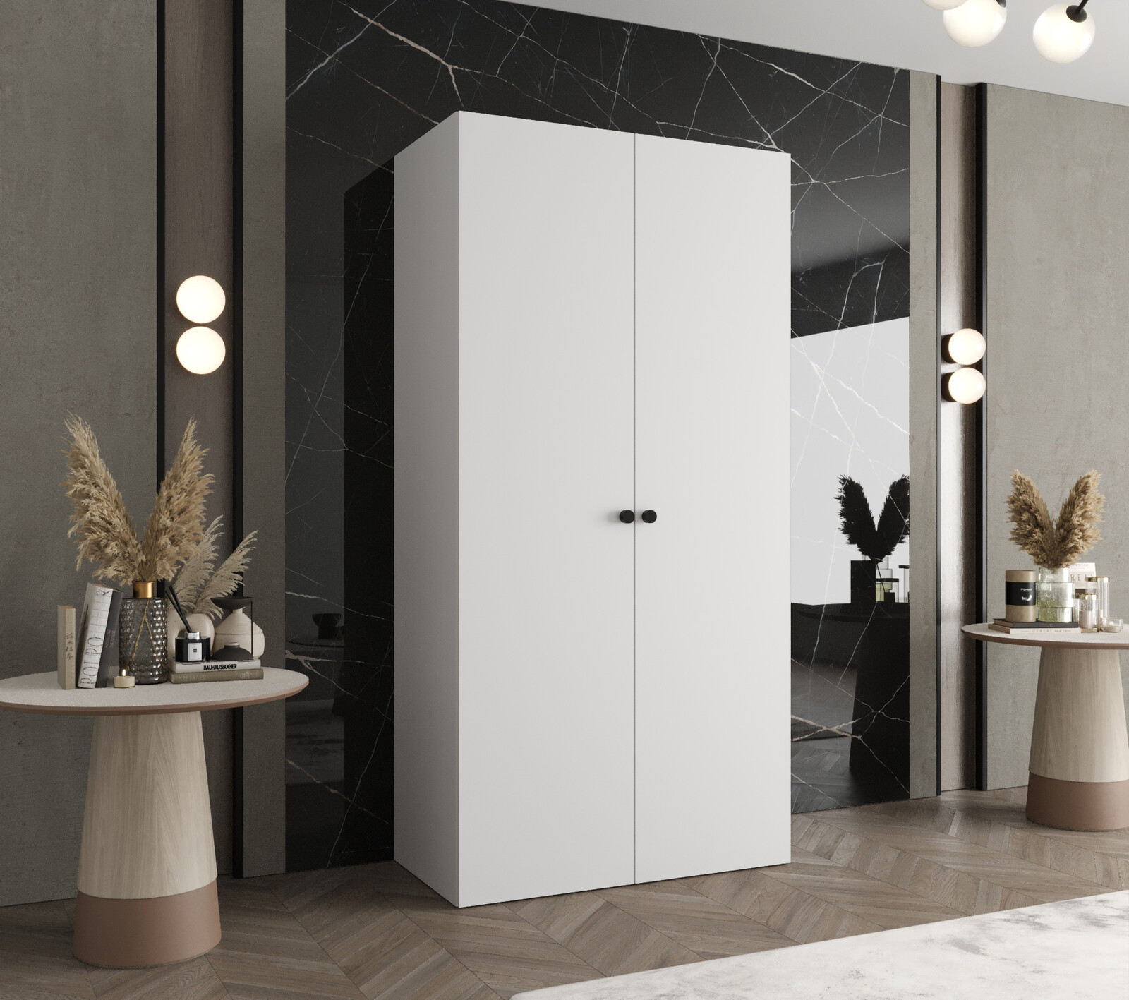 Šatní skříň Abi Parma 1 Rozměry: 100 cm, Pásky / úchyty: Černá, Barva korpusu + barva dveří: Bílá + Bílá