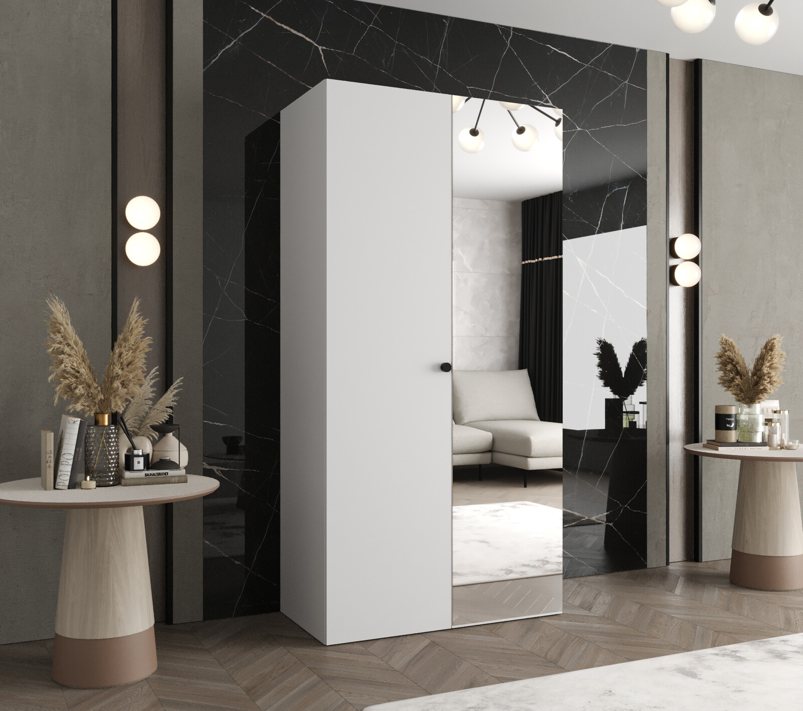 Šatní skříň Abi Parma 2 Rozměry: 100 cm, Pásky / úchyty: Černá, Barva korpusu + barva dveří: Bílá + Bílá