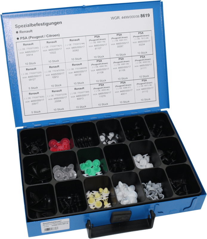 Dresselhaus Příchytky čalounění pro interiér vozu Renault, Citroen a Peugeot, sada 170 ks v kufru