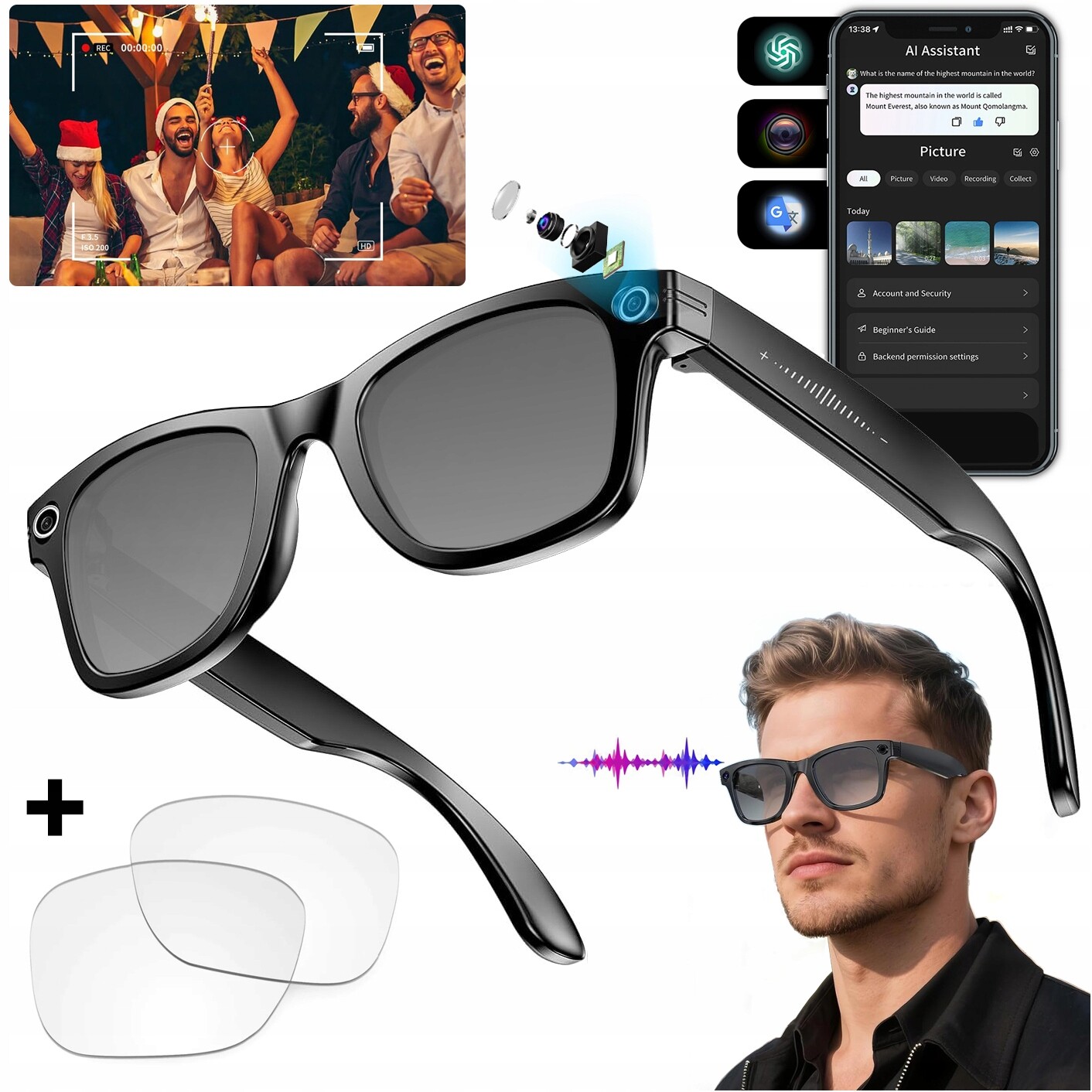 Inteligentní sluneční brýle Smart Ai Hd kamera Reproduktory Mikrofon