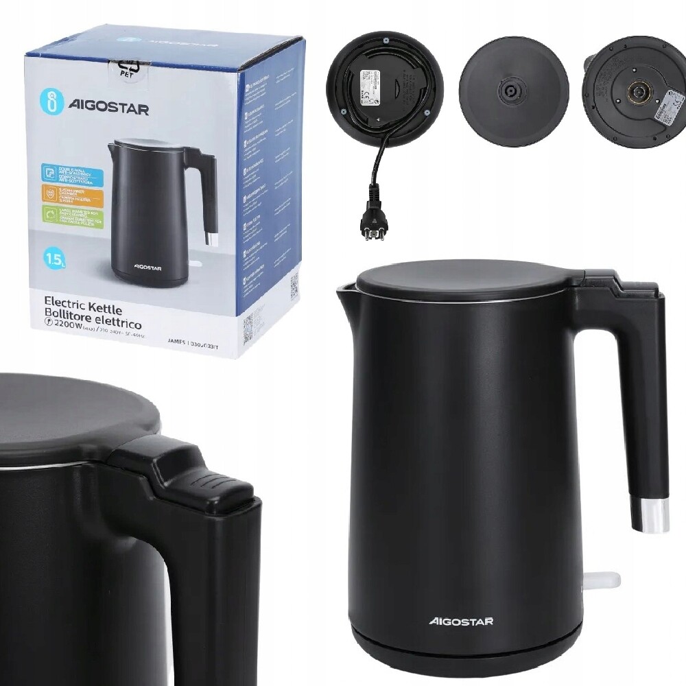 Elektrická varná konvice Aigostar James 2200W 1,5L Nerezová Ocel černá