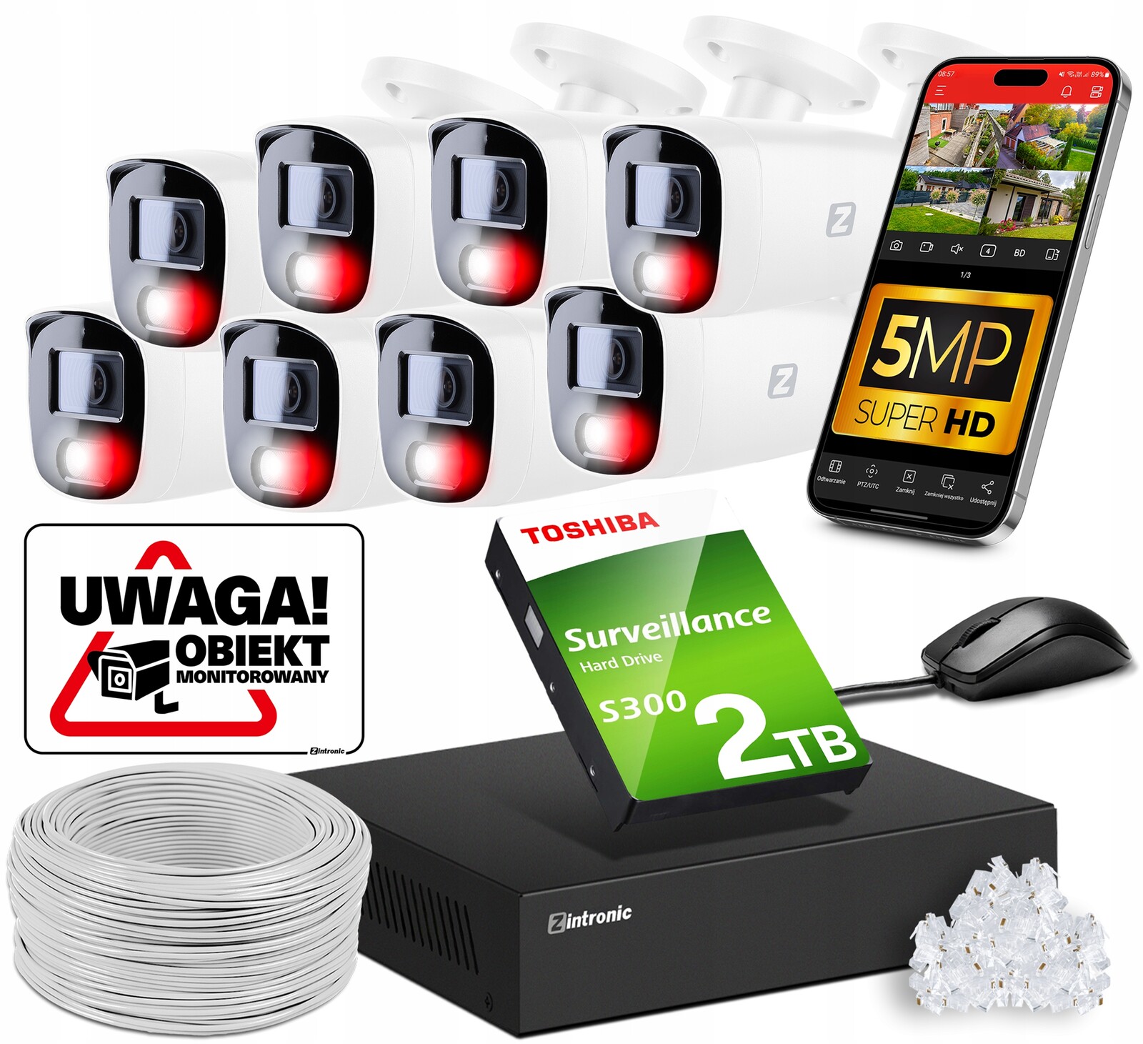 Sada pro Monitorování Ip Poe 8 Kamer 5MPx 2TB Přepínač Aplikace Náhled