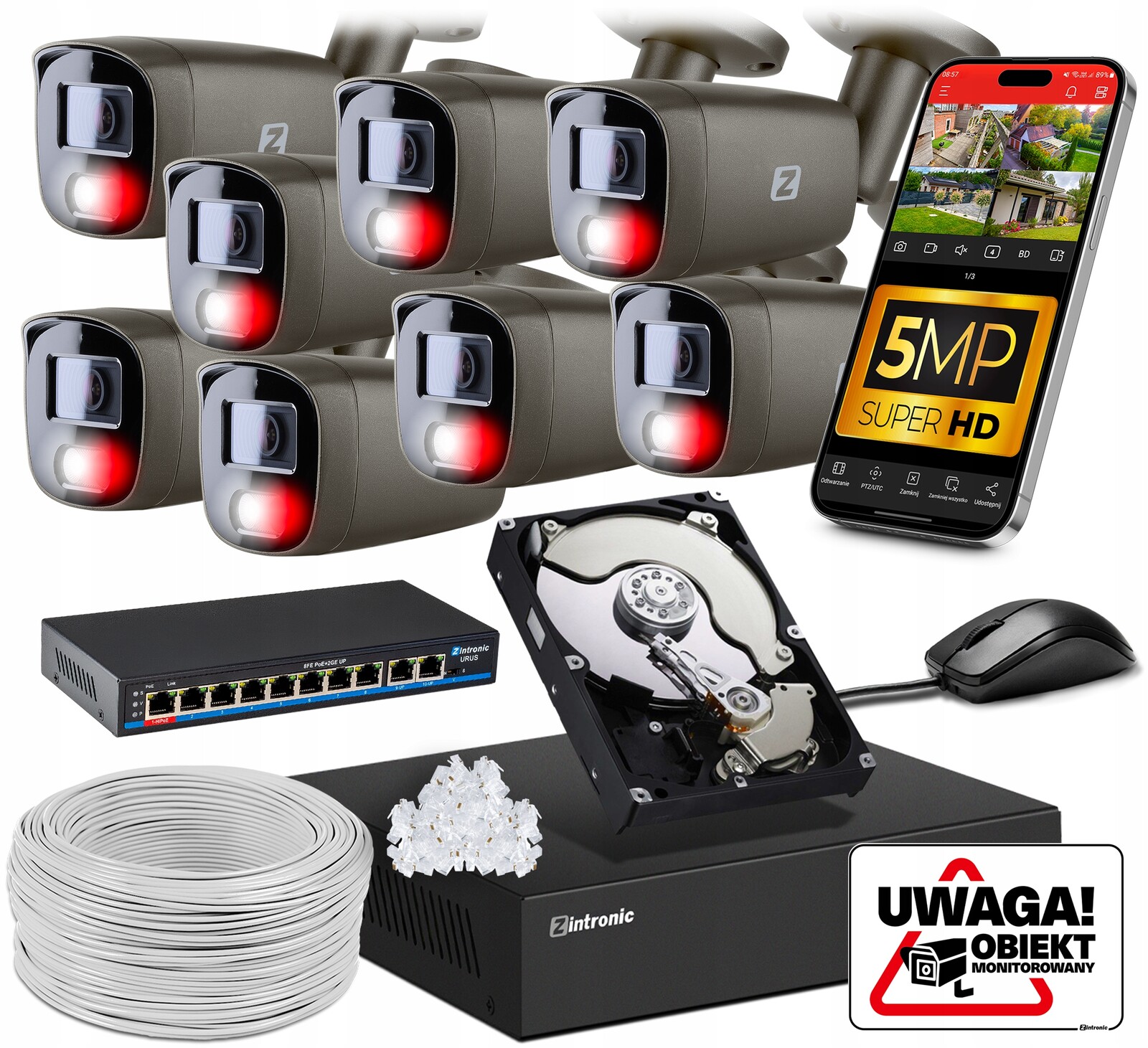 Sada monitorování Ip Poe 8 kamer 5MPx 1TB Šedá Náhledová Aplikace Switch