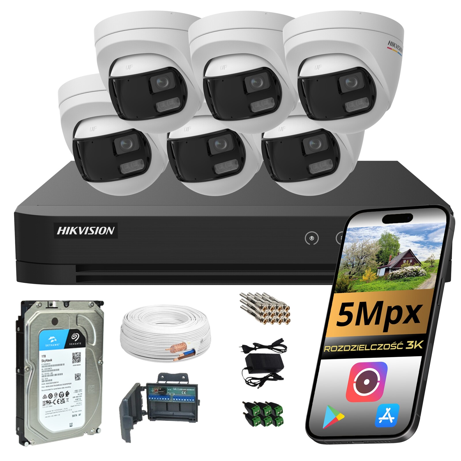 Sada Pro Monitorování Hikvision 6 Panoramatických Kamer 5MPX Analytika Disk