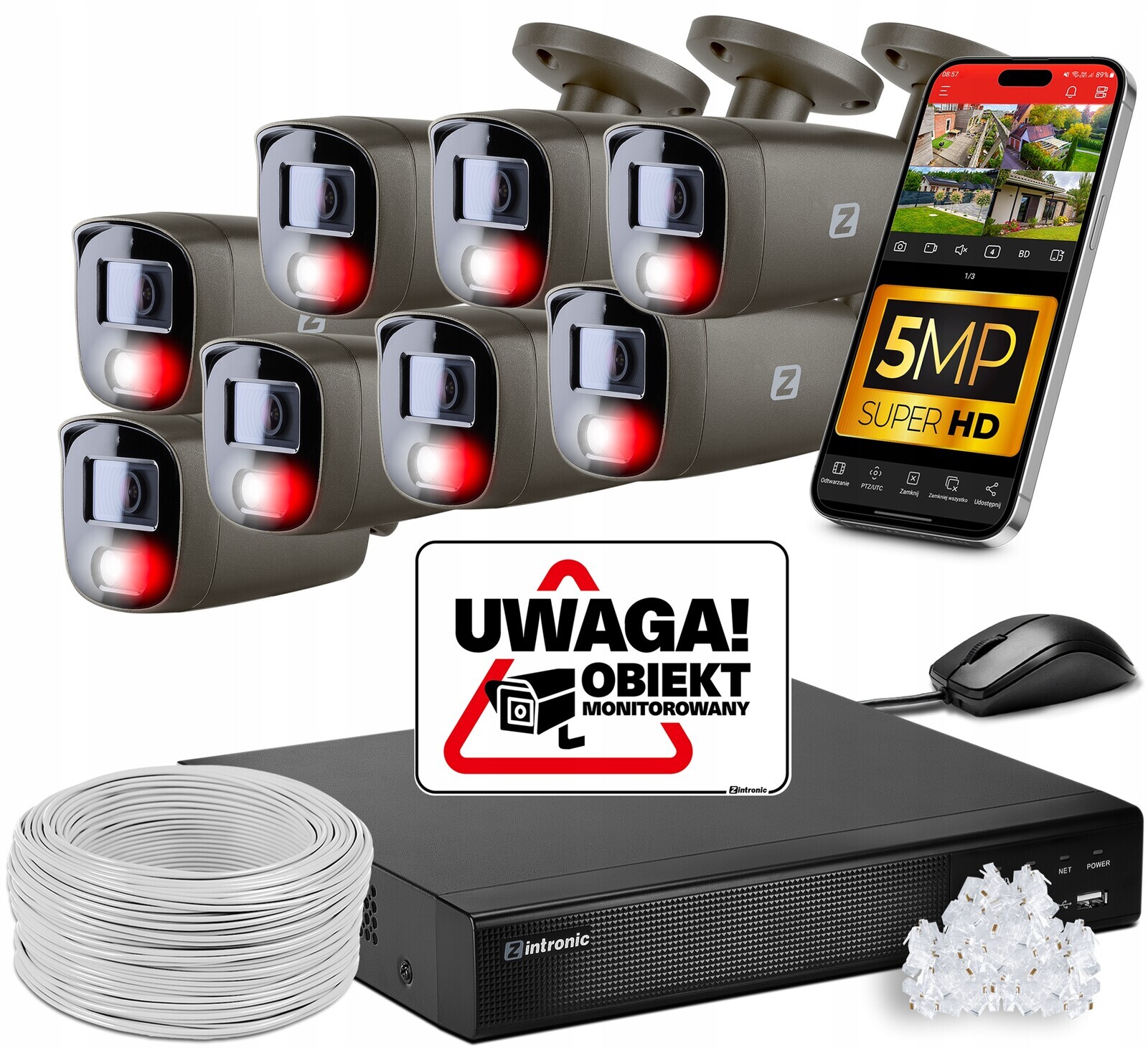 Sada Pro Monitorování 8 Kamer 5MPX Ip Poe Šedá Bez Audio Disku Detekce