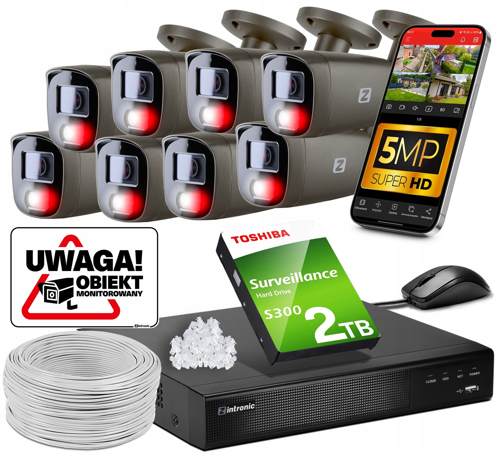 Sada Pro Monitorování 8 Kamer 5MPX Ip Poe Šedá 2TB Audio Detekce Lidí