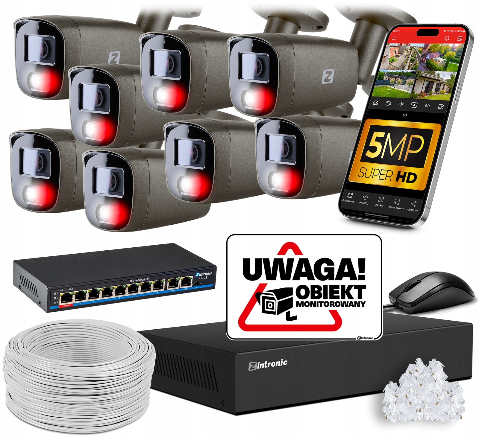 Sada monitorování Ip Poe 8 kamer 5MPx Šedá Aplikace Bez Disku Switch