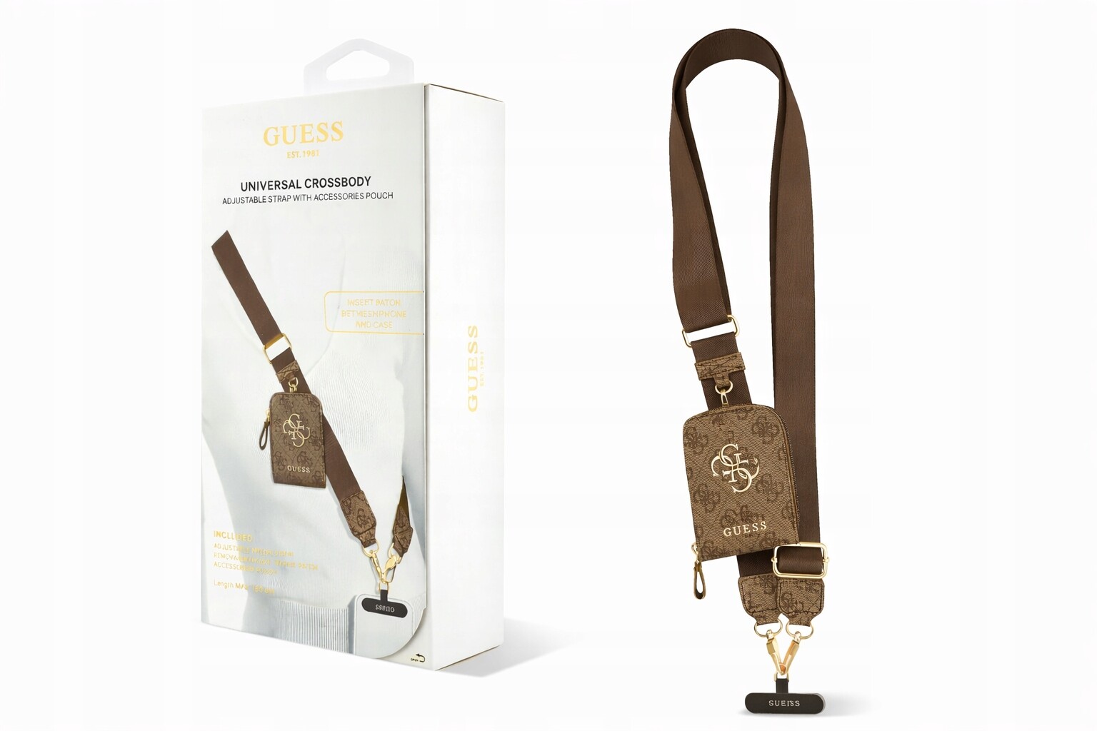 Guess crossbody popruh pro telefon peněženka 4G Metal Logo hnědá univerzální