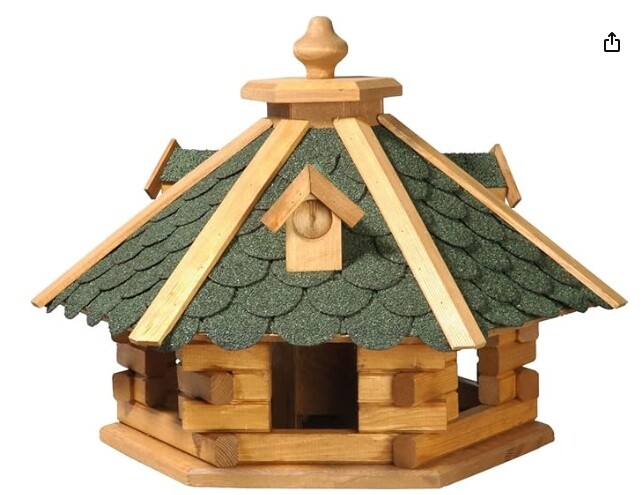 Dřevěné šestiúhelníkové krmítko pro ptáky do zahrady s šindelovou střechou
