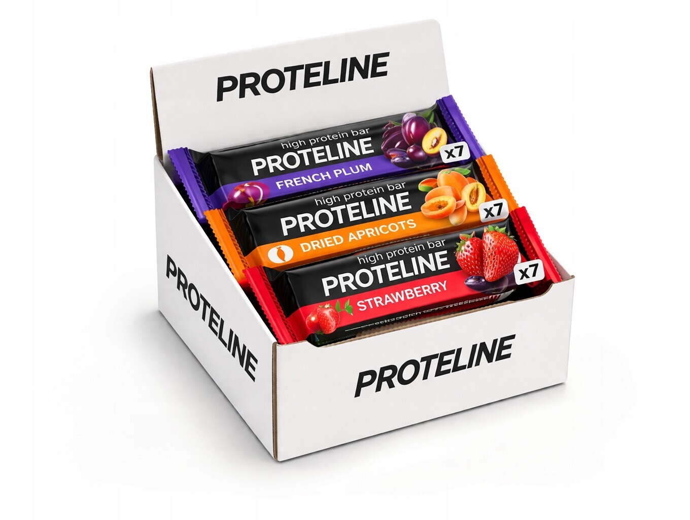 Proteinová tyčinka Proteline mix chutí ovocných příchutí 21×80 g – 35 % bílkovin – 3 příchutě