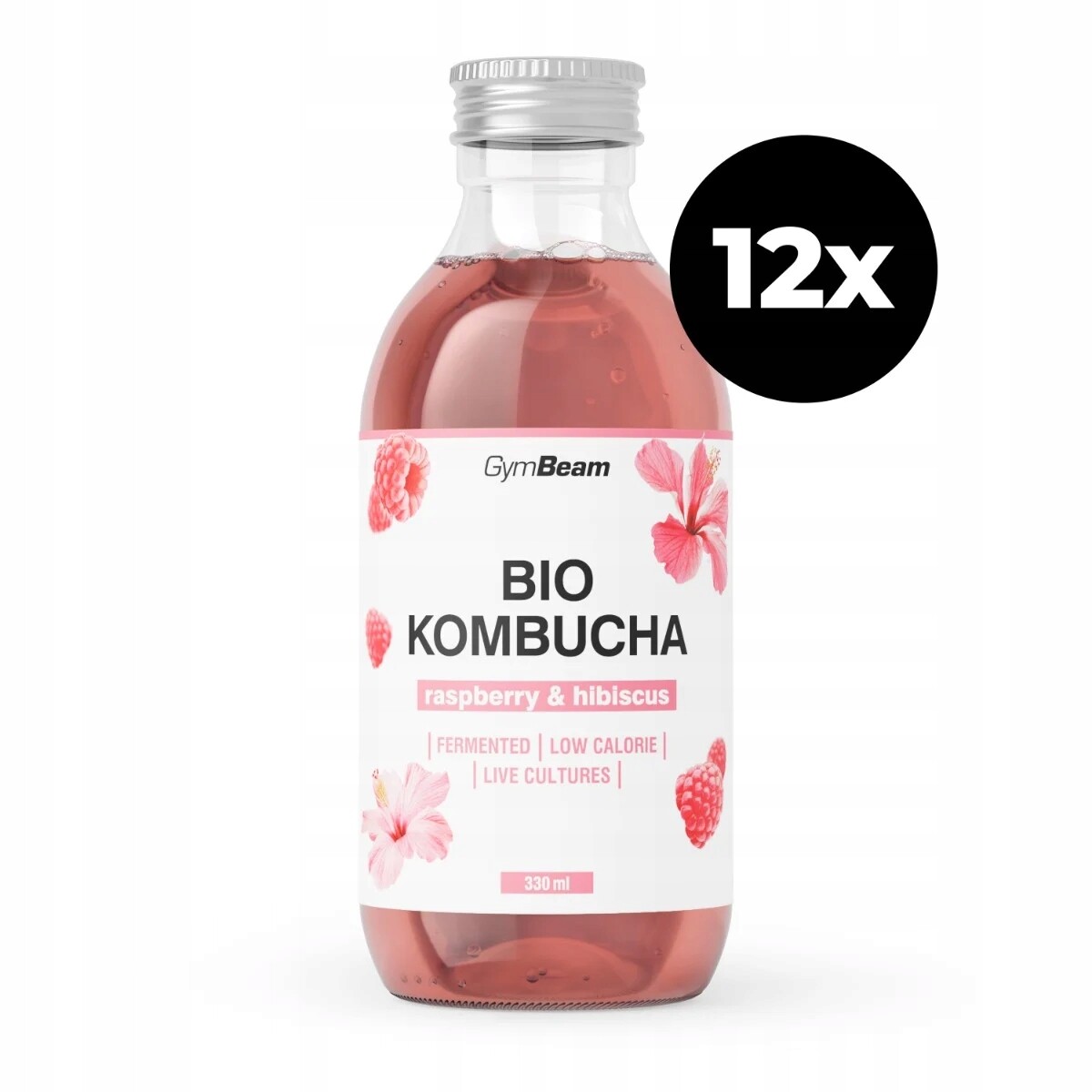 Bio Kombucha Fermentovaná GymBeam 12x330ml malina a ibišek