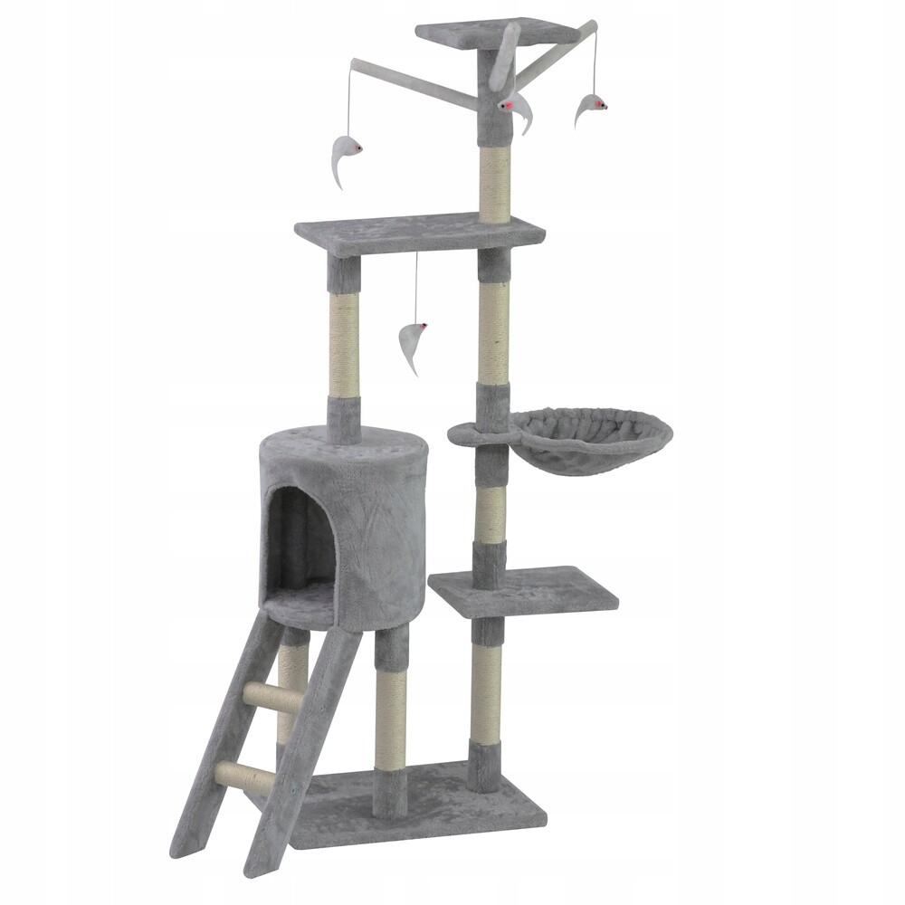 Drapak Pro Kočky Pelíšek Věž Domeček Sloupek Hračka Na Provázku Šedá