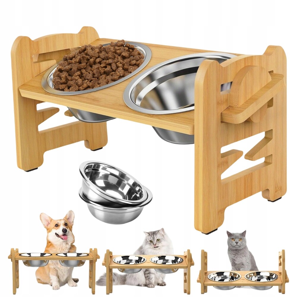 Zvýšená Dvojitá Miska 15° Stupňů 6 Výškových Nastavení, Dřevěná