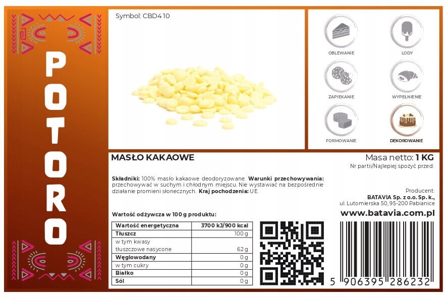 Čisté kakaové máslo Batavia kapičky 1 kg Cocoa Butter