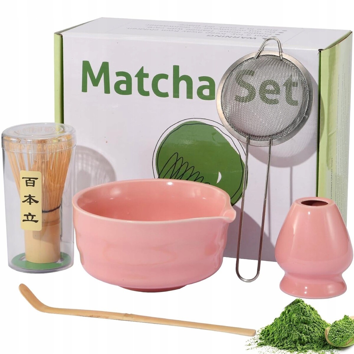 Keramická miska na matcha se šlehací metlou a sítkem součástí balení, růžová