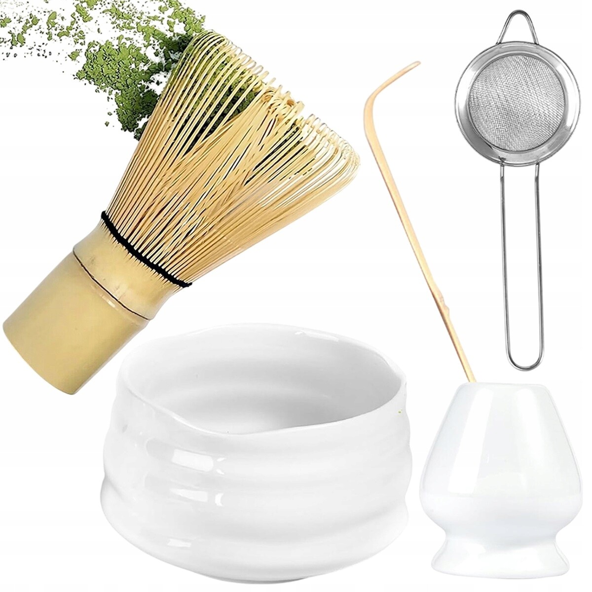 Obřadní Sada Matcha Bambusová S Lžící A Podstavcem, Bílá