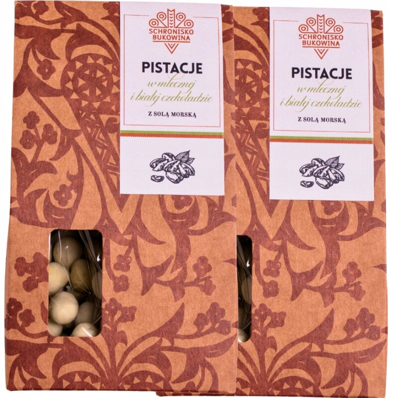 Pistácie v mléčné a bílé čokoládě s mořskou solí 100 g Útulek